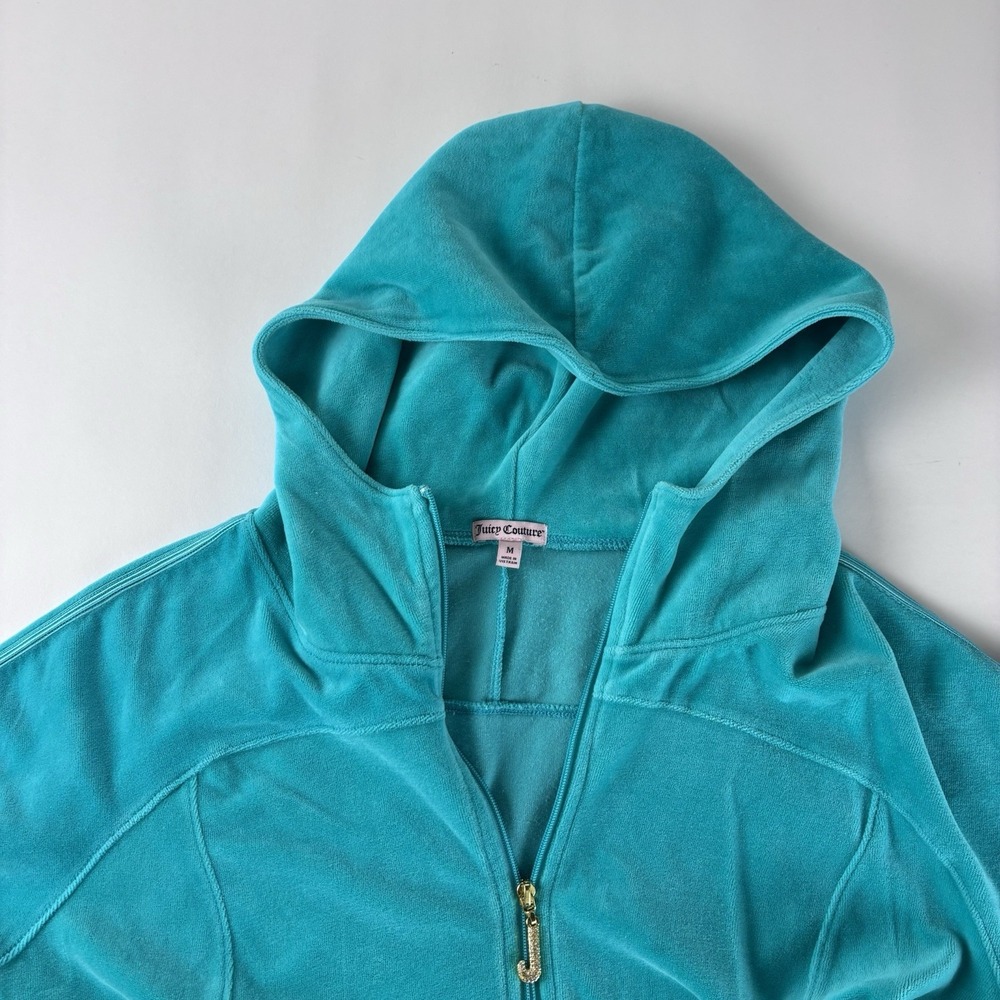 Juicy Couture Teal Velour Zip Up Hoodie Jacket Women's Medium Rhinestone Logo - Picture 3 of 12